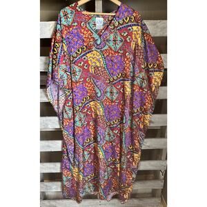 La Nuit Satin Multicolored One Size Kaftan Gown Geometric Pattern